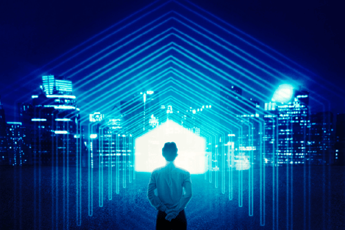 image_business-man-standing-in-front-of-house-shaped-light-and-cityscape
