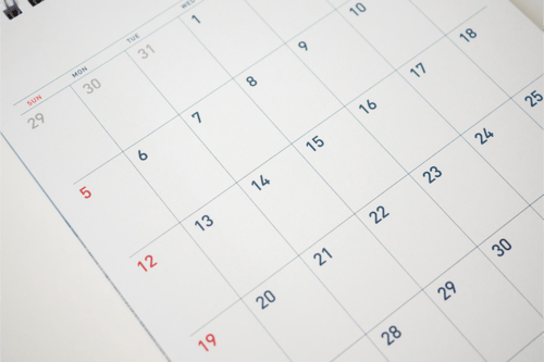 Close-up of a printed monthly calendar page with a clean grid layout, showing dates arranged from Sunday to Saturday, with Sundays marked in red and other days in dark blue.